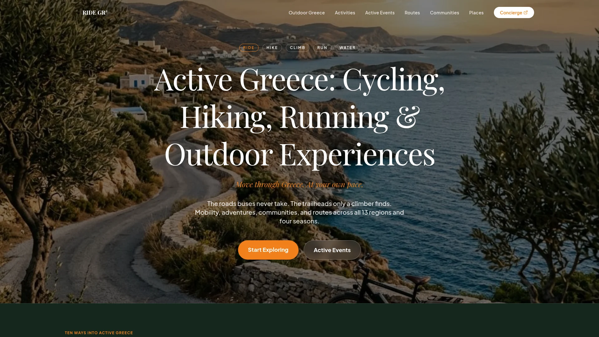 Active Greece homepage with a coastal road and the headline “Active Greece: Cycling, Hiking, Running & Outdoor Experiences.”