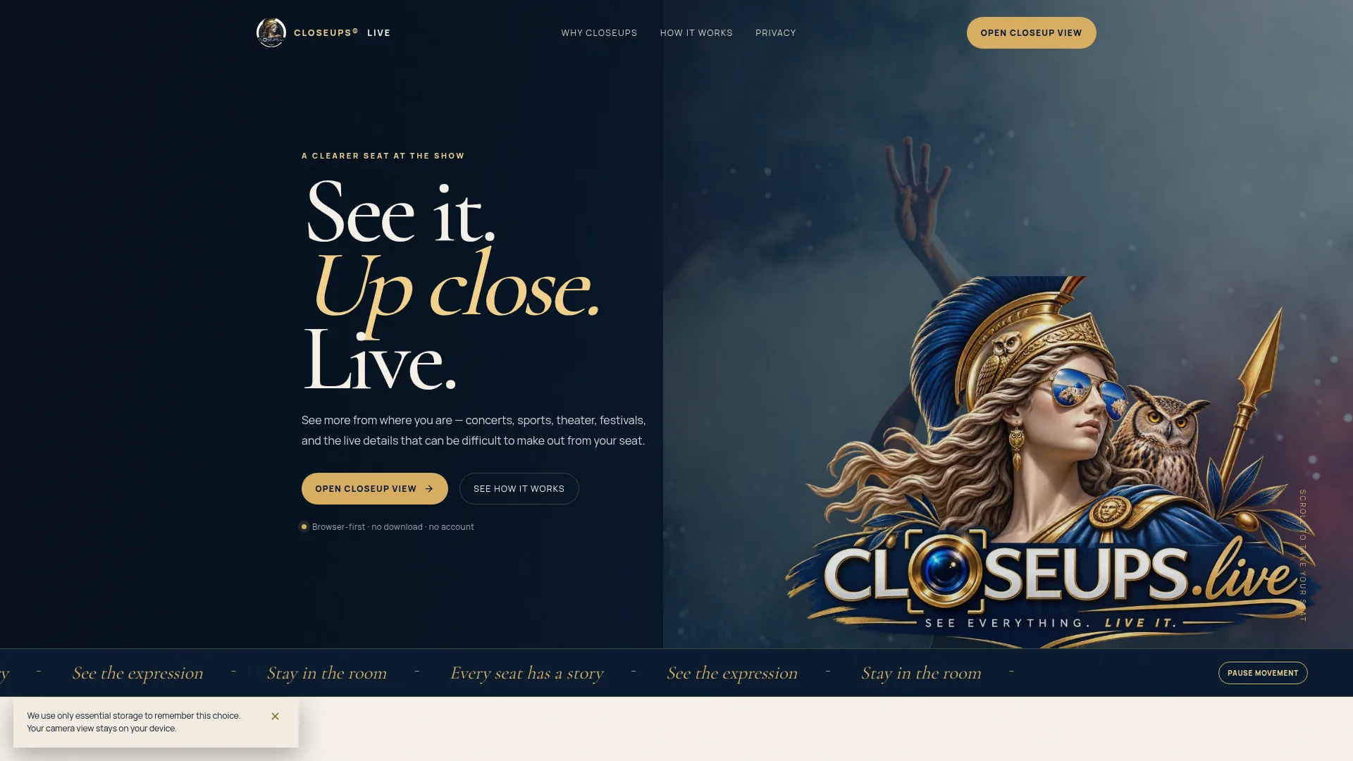 Closeups Live homepage with the headline “See it. Up close. Live.” and stylized promotional artwork of a mythic figure and owl.