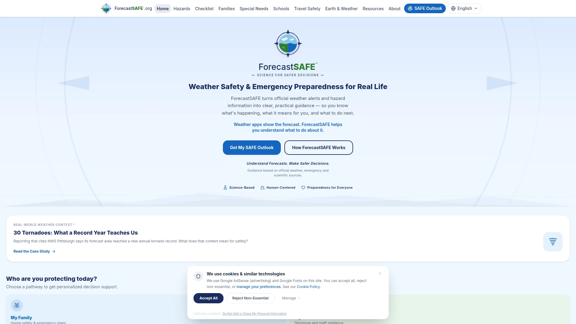 ForecastSAFE homepage with the headline “Weather Safety & Emergency Preparedness for Real Life,” a SAFE Outlook call to action and audience pathways.