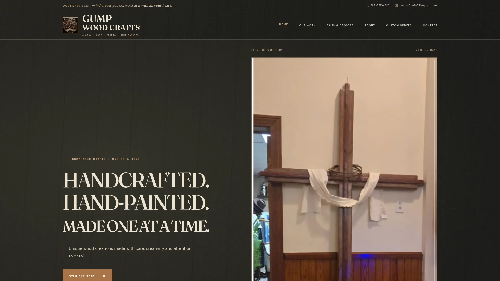 GUMP Wood Crafts homepage with the headline “Handcrafted. Hand-painted. Made one at a time.” beside a hand-painted wooden cross.