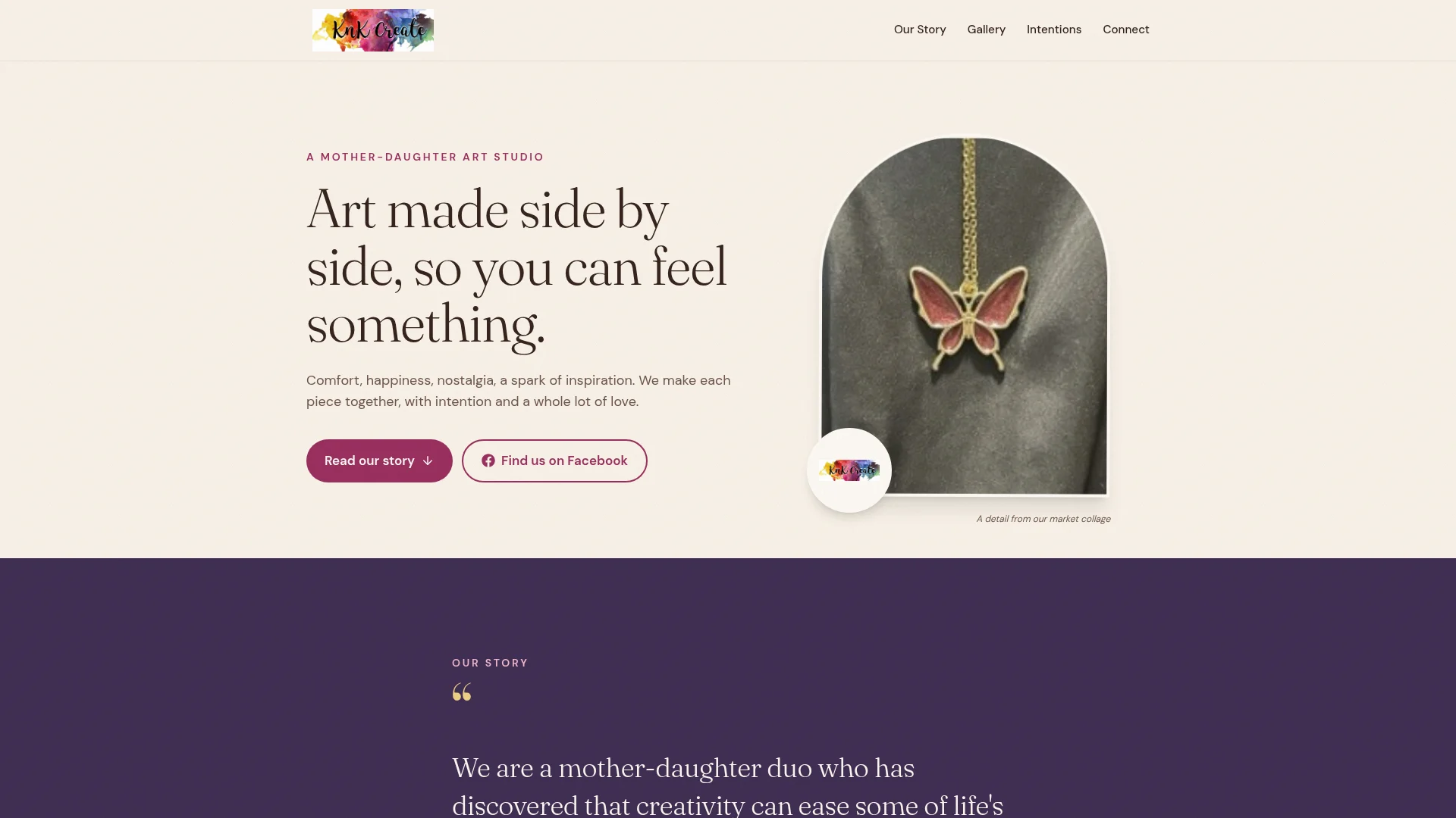 KnK Create homepage introducing a mother-daughter art studio with an art gallery, studio story and ways to connect.