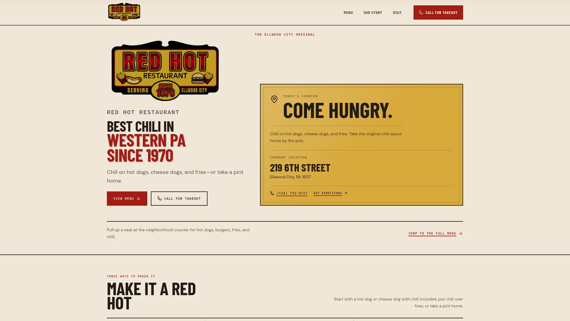Red Hot Restaurant homepage with “Best chili in Western PA since 1970,” a prominent location panel and address and call links.