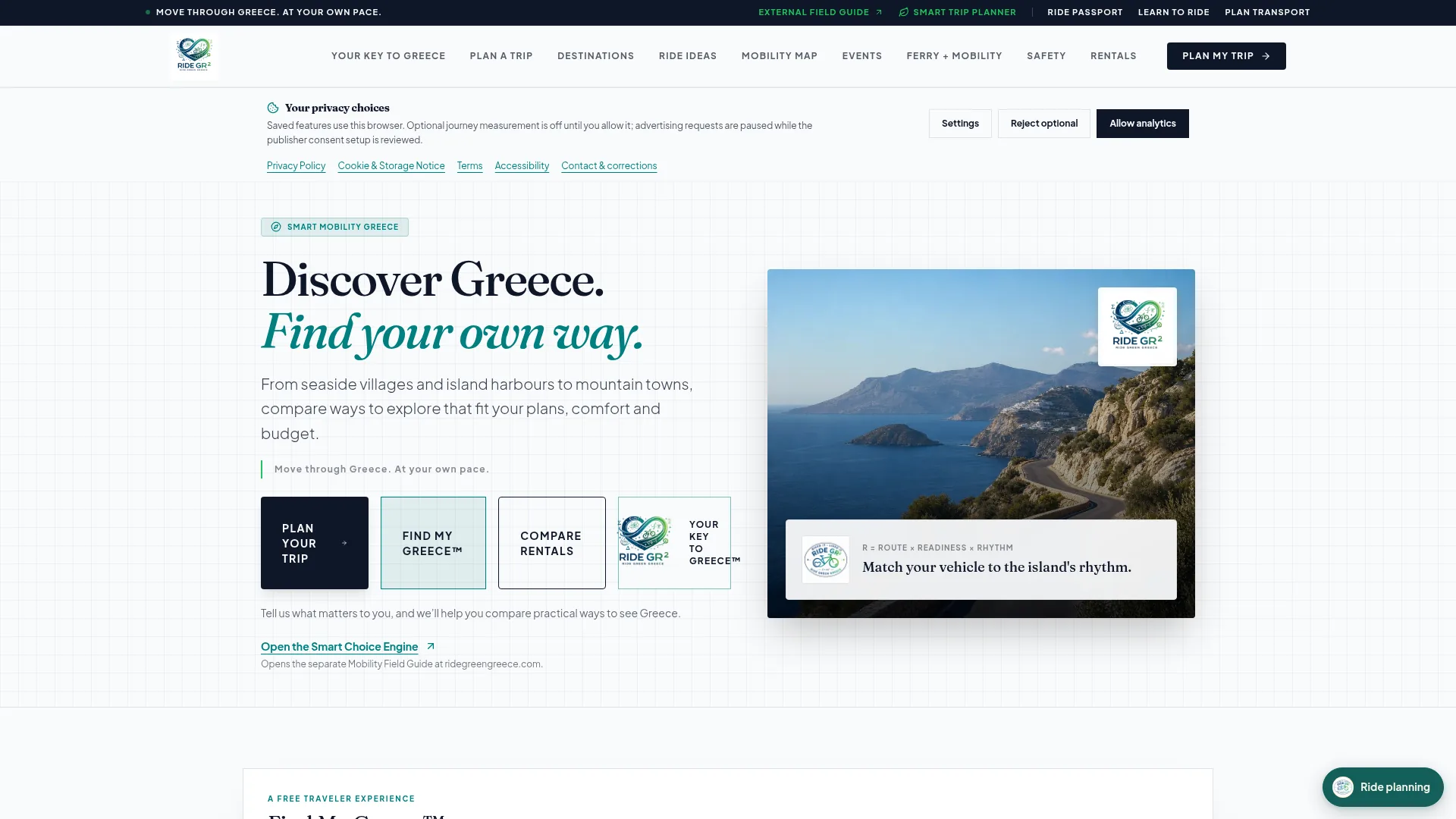 Ride Green Greece homepage with the headline “Discover Greece. Find your own way.”, trip-planning choices and a coastal-road scene.