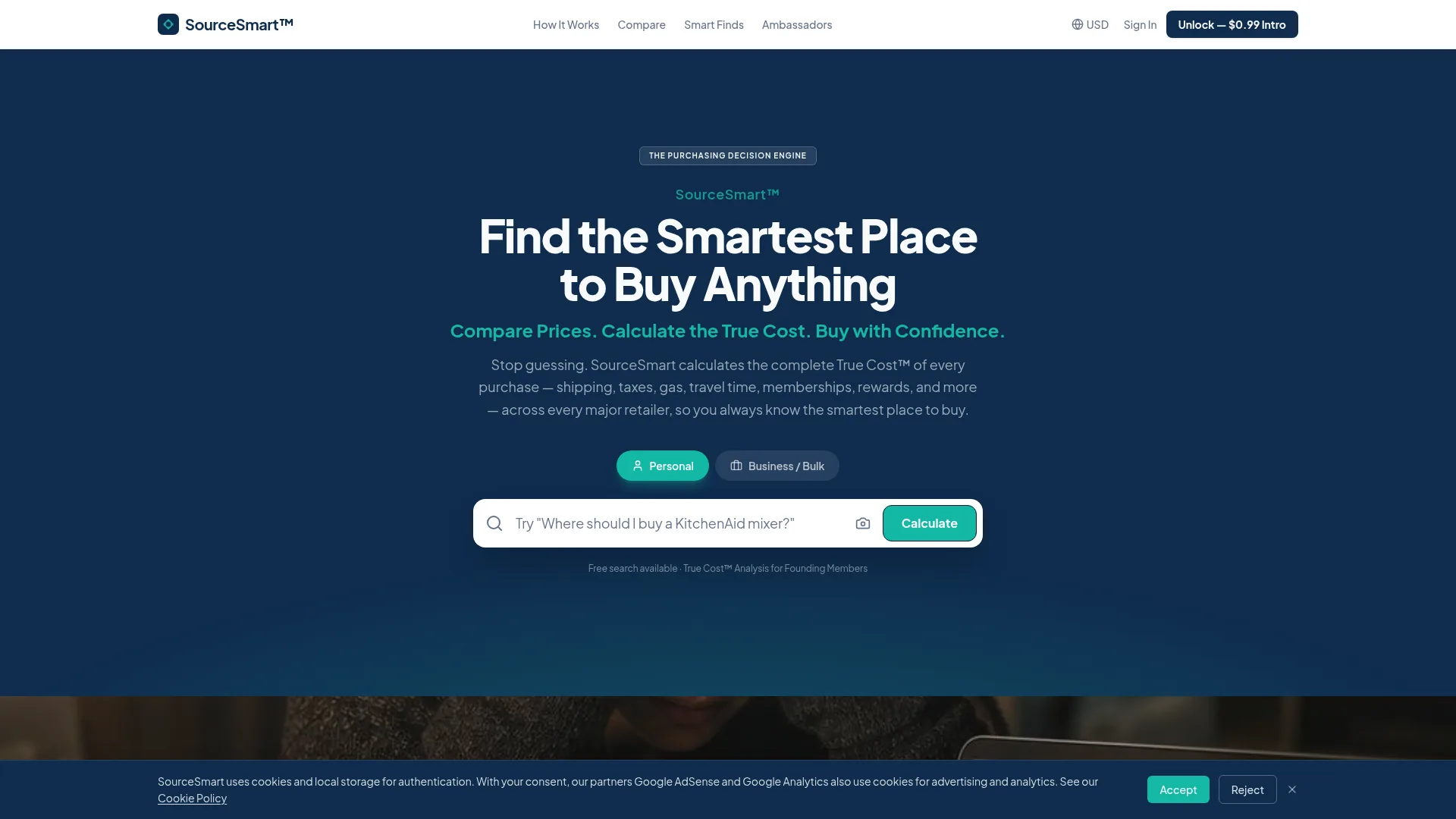 SourceSmart homepage with the headline “Find the Smartest Place to Buy Anything” and a product search.