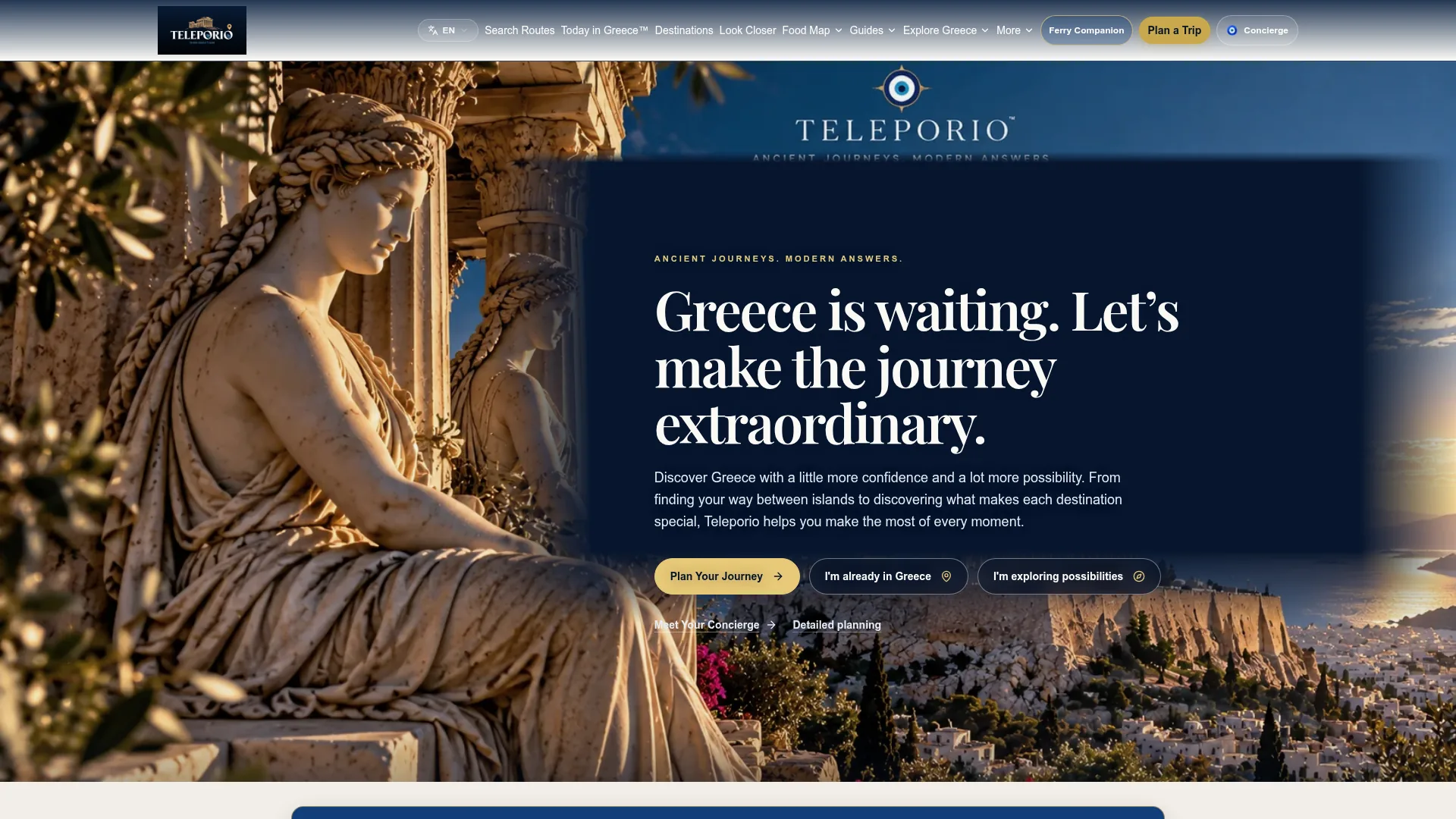 Teleporio homepage with a classical statue, Athens skyline and the headline “Greece is waiting. Let’s make the journey extraordinary.”