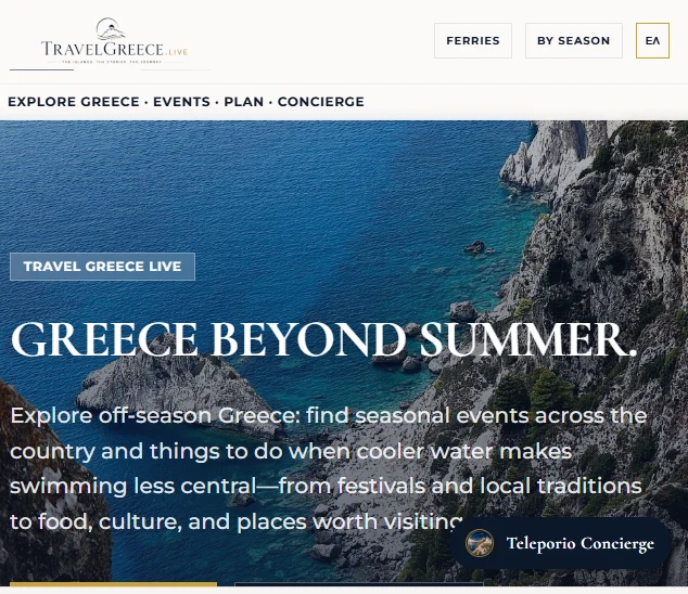 TravelGreece.live homepage with its logo and navigation above “Greece Beyond Summer” over a blue coastal scene.
