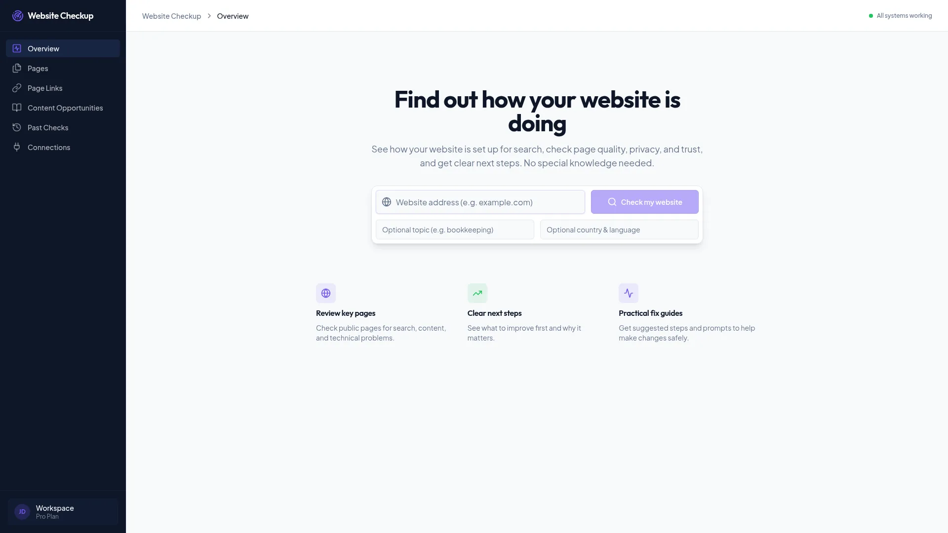 Website Checkup overview dashboard with a site-check form and sections for pages, links, content opportunities, past checks and connections.